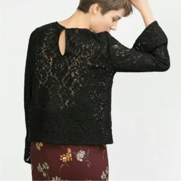 Zara Black Sheer Floral Crochet Lace Bell Sleeve Blouse M Night Out - Picture 2 of 12